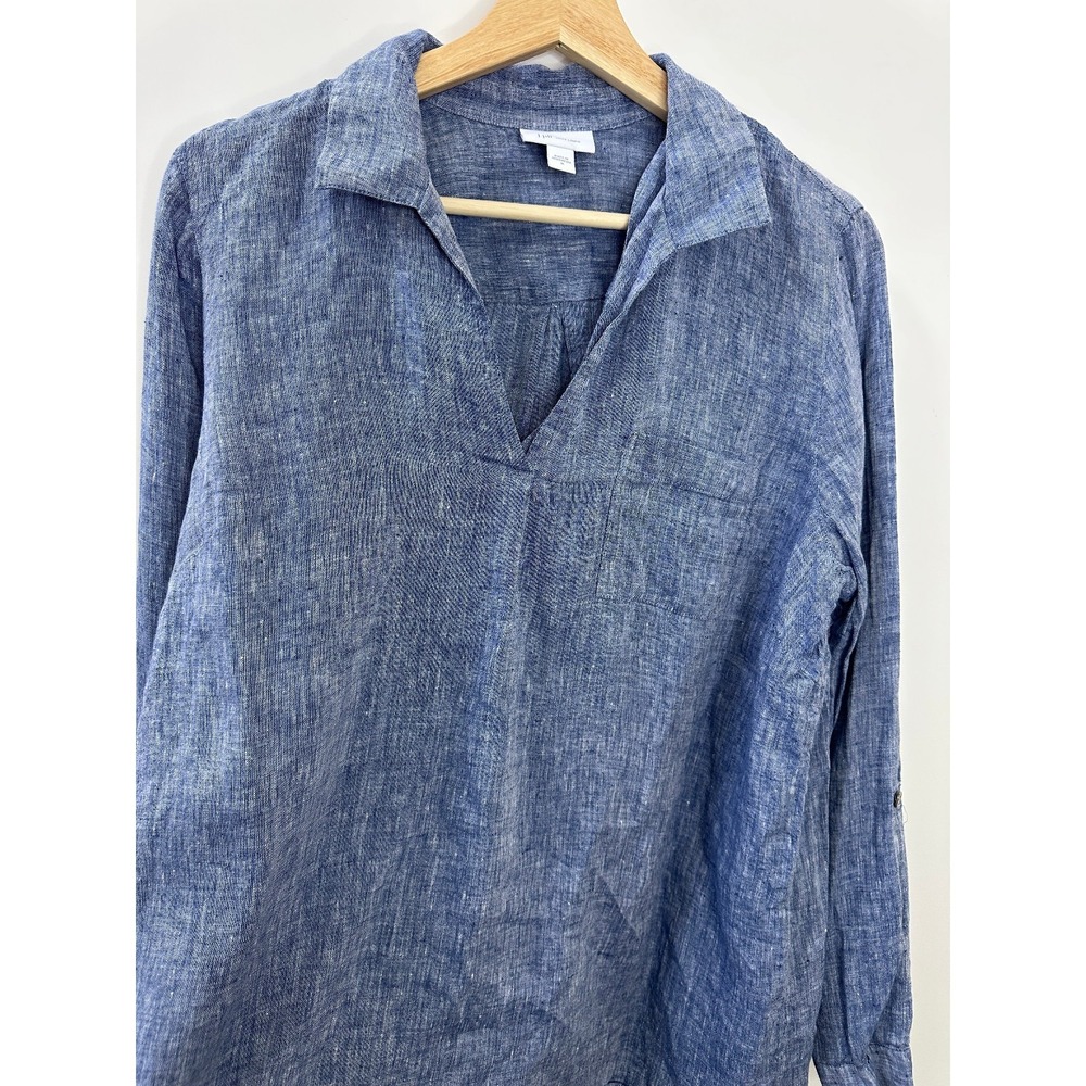J Jill x Love Linen Roll Tab Pocket Top Medium Blue Lagonlook Coastal Beachy - Picture 4 of 14